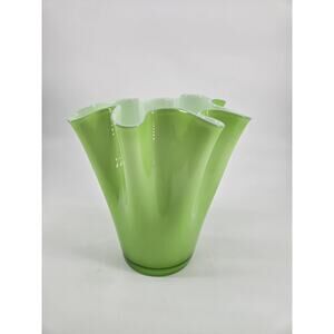Whimsical Ruffled Art Glass Crate & Barrel Serendipity Green White Vase 9.75 In